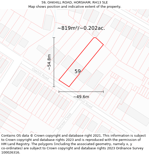 59, OAKHILL ROAD, HORSHAM, RH13 5LE: Plot and title map