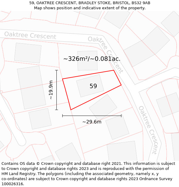 59, OAKTREE CRESCENT, BRADLEY STOKE, BRISTOL, BS32 9AB: Plot and title map