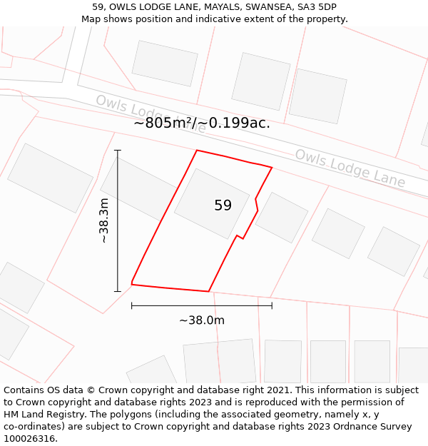 59, OWLS LODGE LANE, MAYALS, SWANSEA, SA3 5DP: Plot and title map