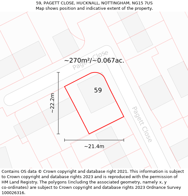 59, PAGETT CLOSE, HUCKNALL, NOTTINGHAM, NG15 7US: Plot and title map