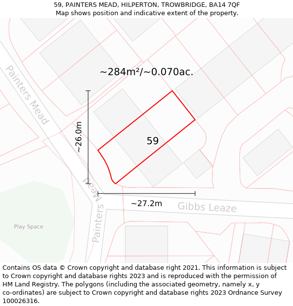 59, PAINTERS MEAD, HILPERTON, TROWBRIDGE, BA14 7QF: Plot and title map