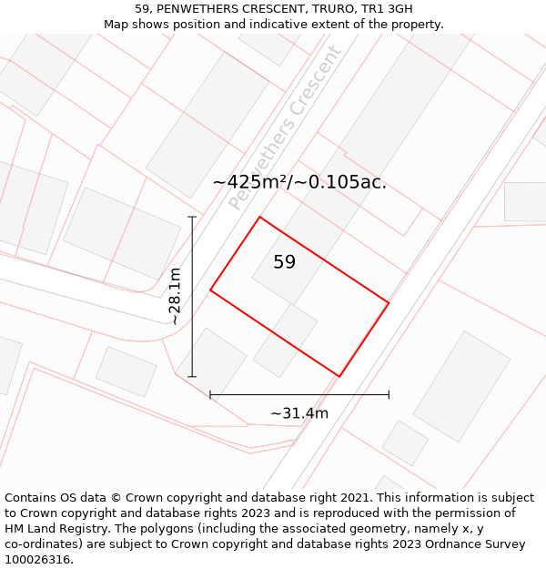 59, PENWETHERS CRESCENT, TRURO, TR1 3GH: Plot and title map