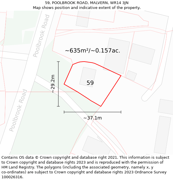 59, POOLBROOK ROAD, MALVERN, WR14 3JN: Plot and title map