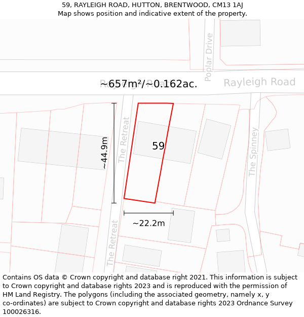 59, RAYLEIGH ROAD, HUTTON, BRENTWOOD, CM13 1AJ: Plot and title map