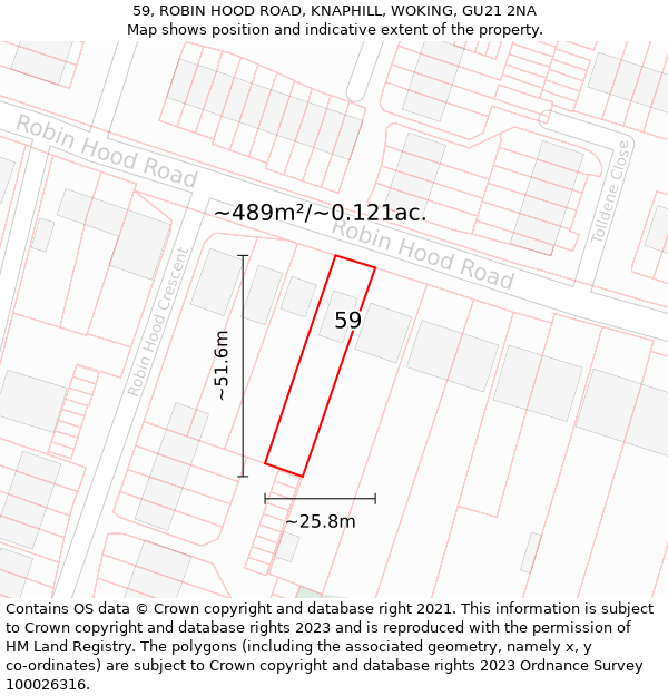 59, ROBIN HOOD ROAD, KNAPHILL, WOKING, GU21 2NA: Plot and title map