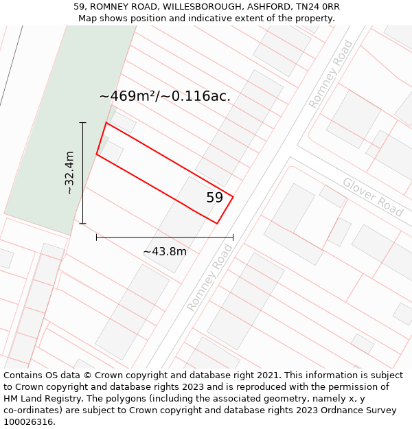 59, ROMNEY ROAD, WILLESBOROUGH, ASHFORD, TN24 0RR: Plot and title map