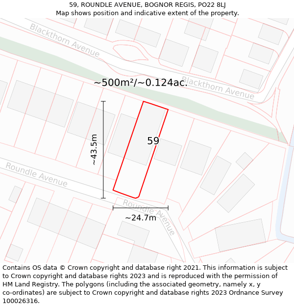 59, ROUNDLE AVENUE, BOGNOR REGIS, PO22 8LJ: Plot and title map