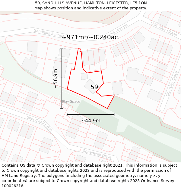 59, SANDHILLS AVENUE, HAMILTON, LEICESTER, LE5 1QN: Plot and title map