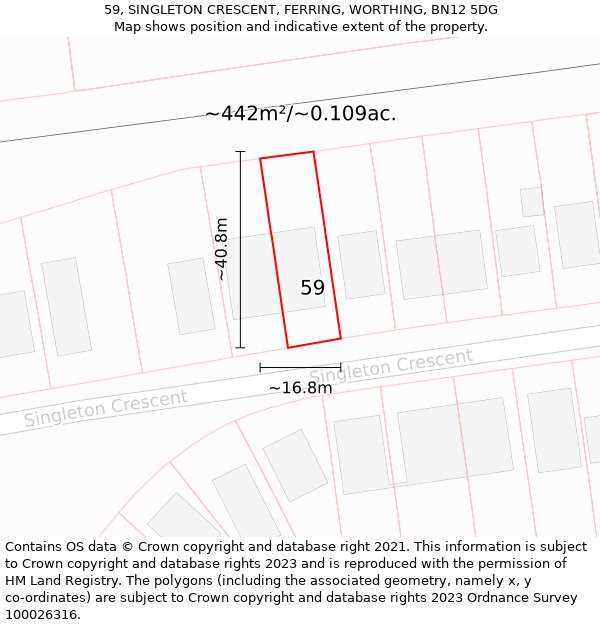 59, SINGLETON CRESCENT, FERRING, WORTHING, BN12 5DG: Plot and title map