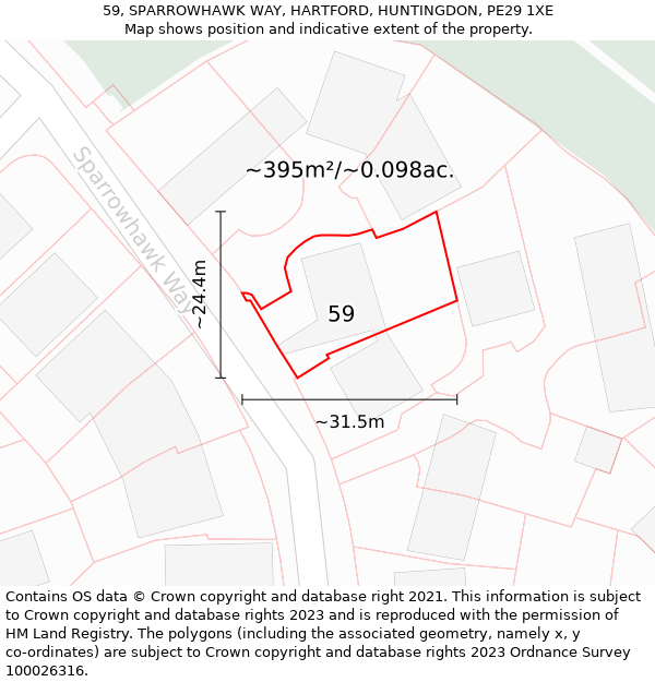 59, SPARROWHAWK WAY, HARTFORD, HUNTINGDON, PE29 1XE: Plot and title map