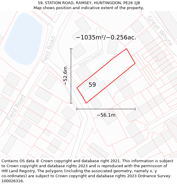 59, STATION ROAD, RAMSEY, HUNTINGDON, PE26 1JB: Plot and title map