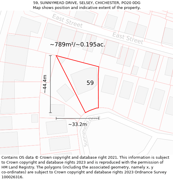 59, SUNNYMEAD DRIVE, SELSEY, CHICHESTER, PO20 0DG: Plot and title map