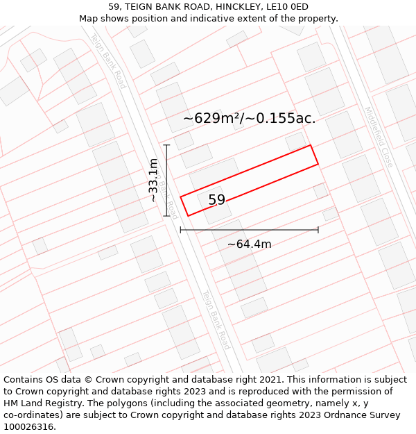 59, TEIGN BANK ROAD, HINCKLEY, LE10 0ED: Plot and title map