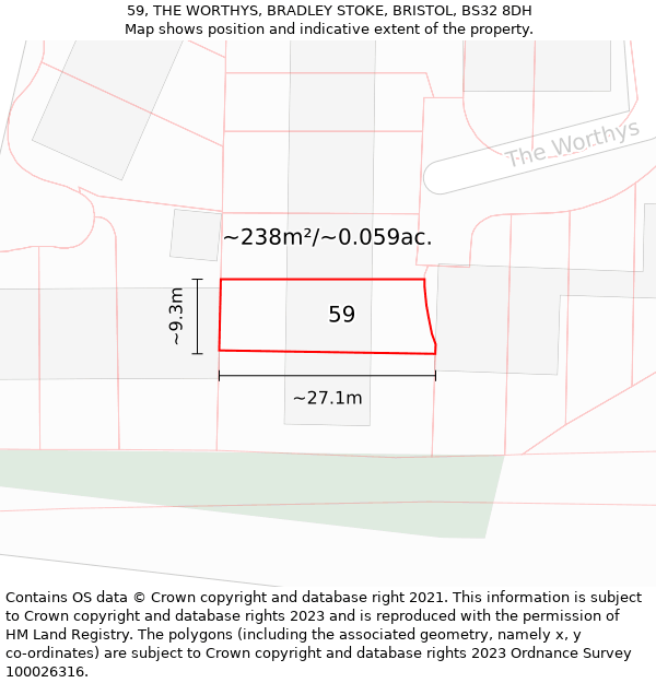 59, THE WORTHYS, BRADLEY STOKE, BRISTOL, BS32 8DH: Plot and title map