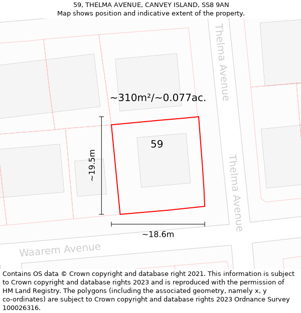 59, THELMA AVENUE, CANVEY ISLAND, SS8 9AN: Plot and title map