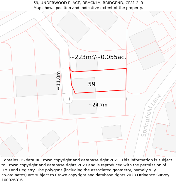 59, UNDERWOOD PLACE, BRACKLA, BRIDGEND, CF31 2LR: Plot and title map