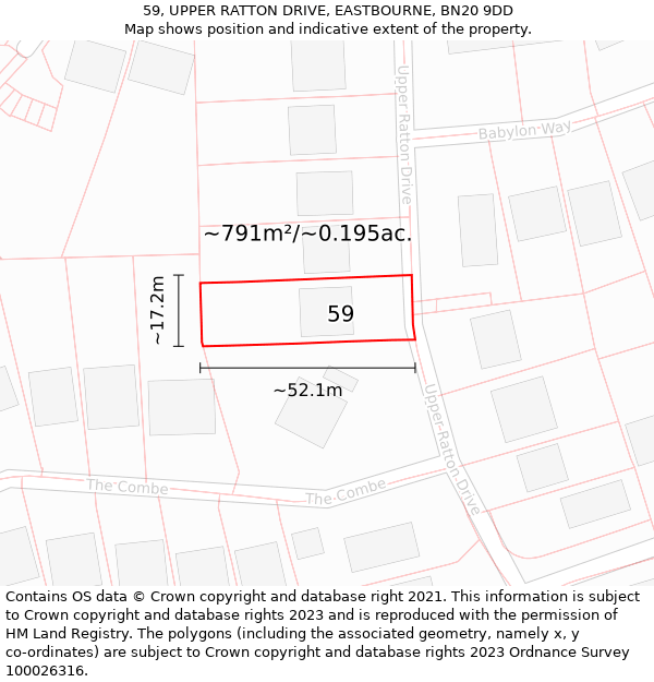 59, UPPER RATTON DRIVE, EASTBOURNE, BN20 9DD: Plot and title map