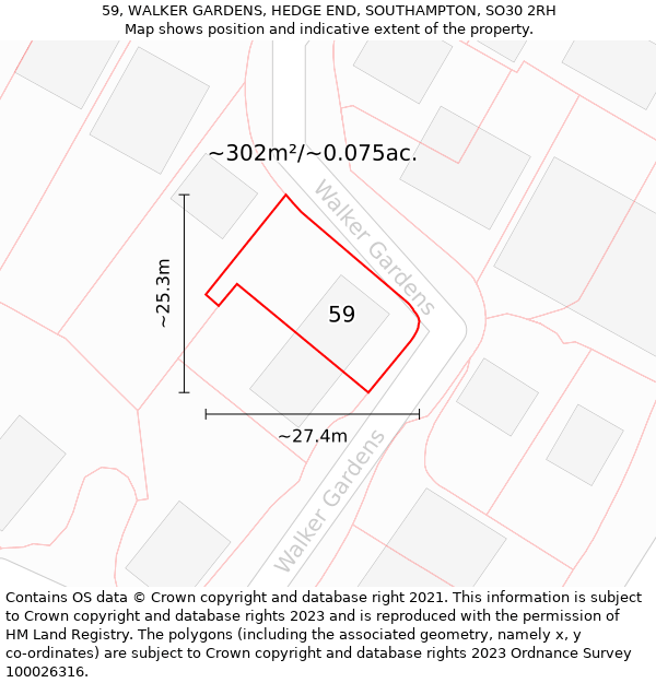 59, WALKER GARDENS, HEDGE END, SOUTHAMPTON, SO30 2RH: Plot and title map