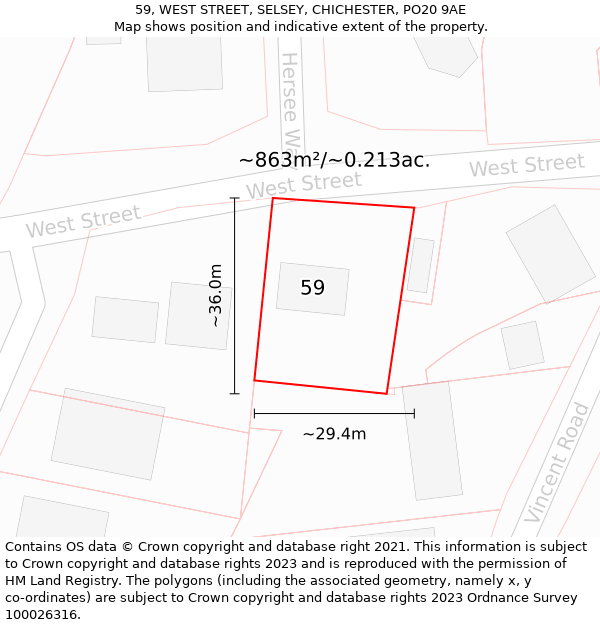 59, WEST STREET, SELSEY, CHICHESTER, PO20 9AE: Plot and title map