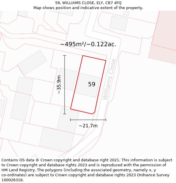 59, WILLIAMS CLOSE, ELY, CB7 4FQ: Plot and title map