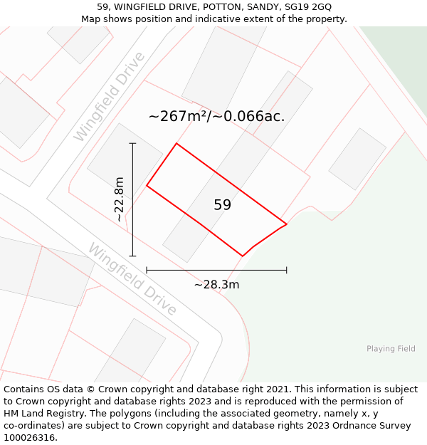 59, WINGFIELD DRIVE, POTTON, SANDY, SG19 2GQ: Plot and title map