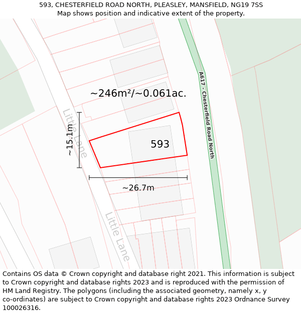 593, CHESTERFIELD ROAD NORTH, PLEASLEY, MANSFIELD, NG19 7SS: Plot and title map