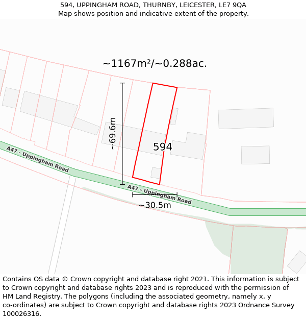 594, UPPINGHAM ROAD, THURNBY, LEICESTER, LE7 9QA: Plot and title map