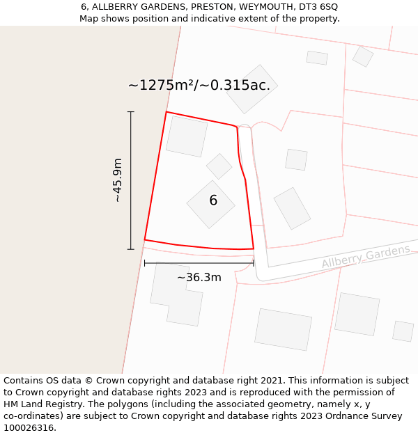 6, ALLBERRY GARDENS, PRESTON, WEYMOUTH, DT3 6SQ: Plot and title map