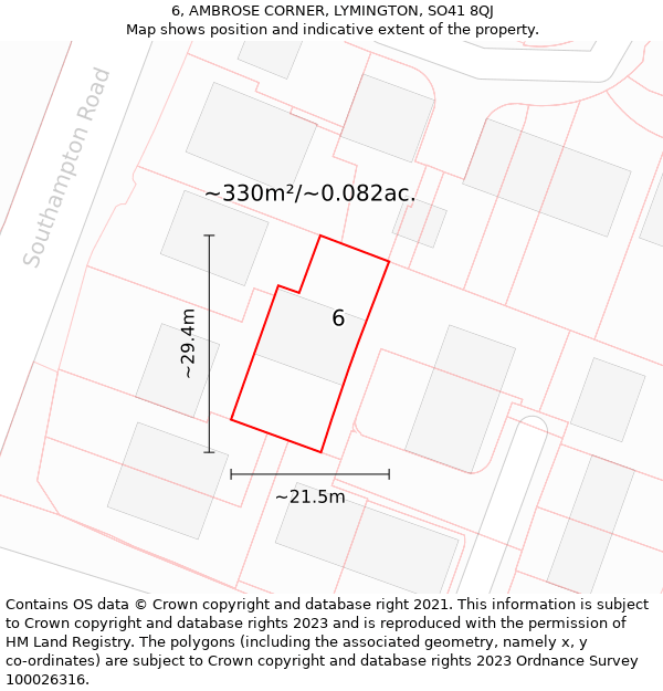 6, AMBROSE CORNER, LYMINGTON, SO41 8QJ: Plot and title map