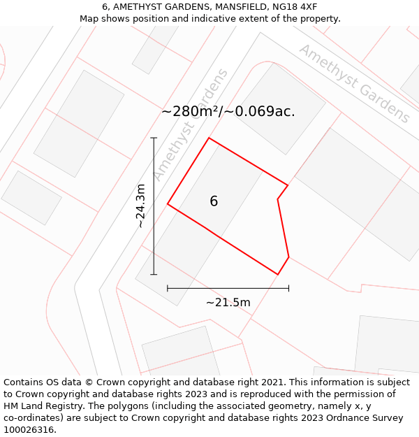6, AMETHYST GARDENS, MANSFIELD, NG18 4XF: Plot and title map