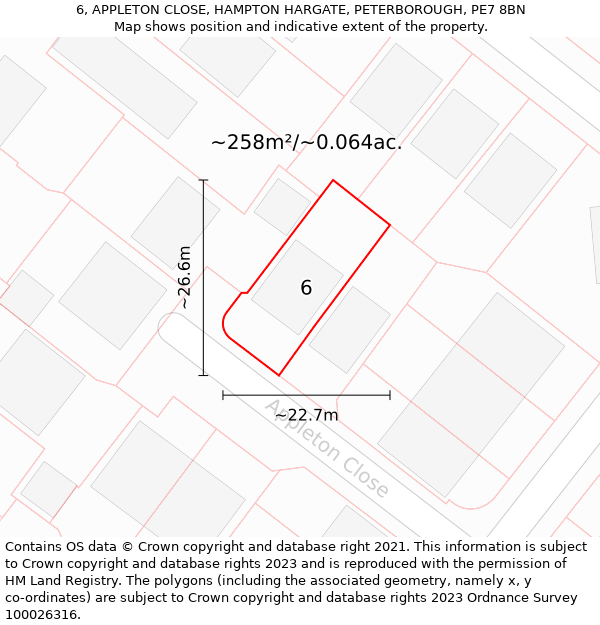 6, APPLETON CLOSE, HAMPTON HARGATE, PETERBOROUGH, PE7 8BN: Plot and title map