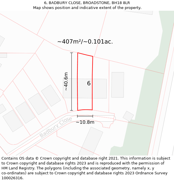 6, BADBURY CLOSE, BROADSTONE, BH18 8LR: Plot and title map