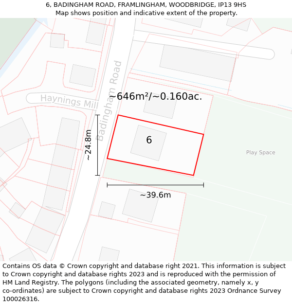 6, BADINGHAM ROAD, FRAMLINGHAM, WOODBRIDGE, IP13 9HS: Plot and title map