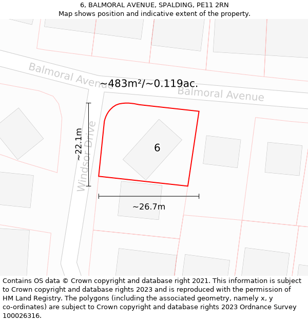 6, BALMORAL AVENUE, SPALDING, PE11 2RN: Plot and title map