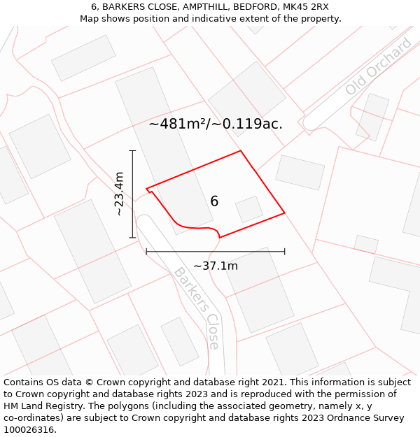 6, BARKERS CLOSE, AMPTHILL, BEDFORD, MK45 2RX: Plot and title map