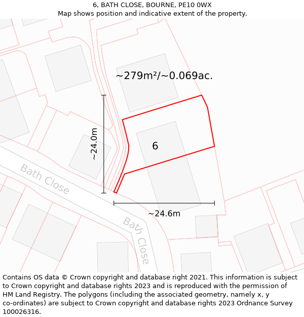 6, BATH CLOSE, BOURNE, PE10 0WX: Plot and title map