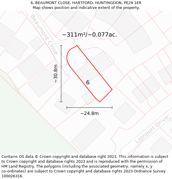 6, BEAUMONT CLOSE, HARTFORD, HUNTINGDON, PE29 1ER: Plot and title map