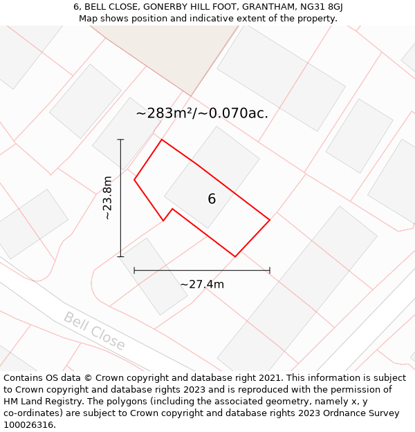 6, BELL CLOSE, GONERBY HILL FOOT, GRANTHAM, NG31 8GJ: Plot and title map