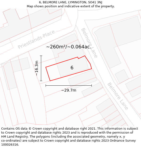 6, BELMORE LANE, LYMINGTON, SO41 3NJ: Plot and title map