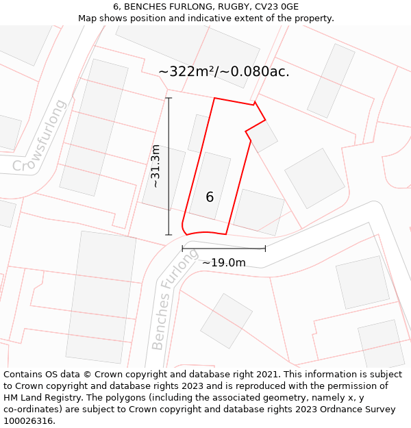 6, BENCHES FURLONG, RUGBY, CV23 0GE: Plot and title map