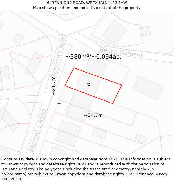 6, BENNIONS ROAD, WREXHAM, LL13 7AW: Plot and title map