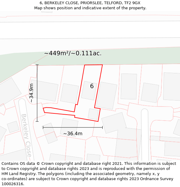 6, BERKELEY CLOSE, PRIORSLEE, TELFORD, TF2 9GX: Plot and title map