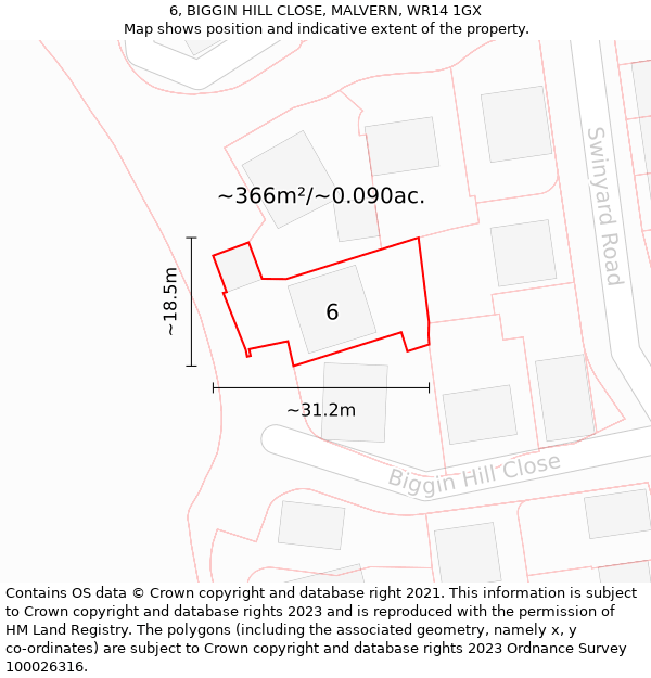 6, BIGGIN HILL CLOSE, MALVERN, WR14 1GX: Plot and title map