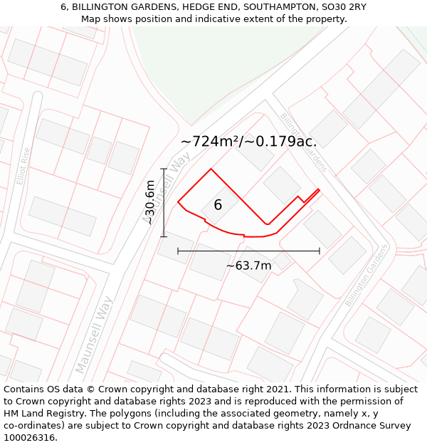 6, BILLINGTON GARDENS, HEDGE END, SOUTHAMPTON, SO30 2RY: Plot and title map