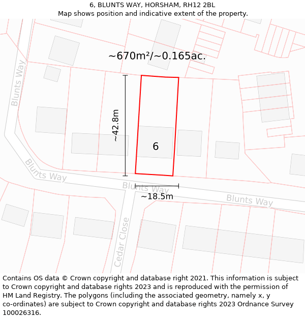 6, BLUNTS WAY, HORSHAM, RH12 2BL: Plot and title map