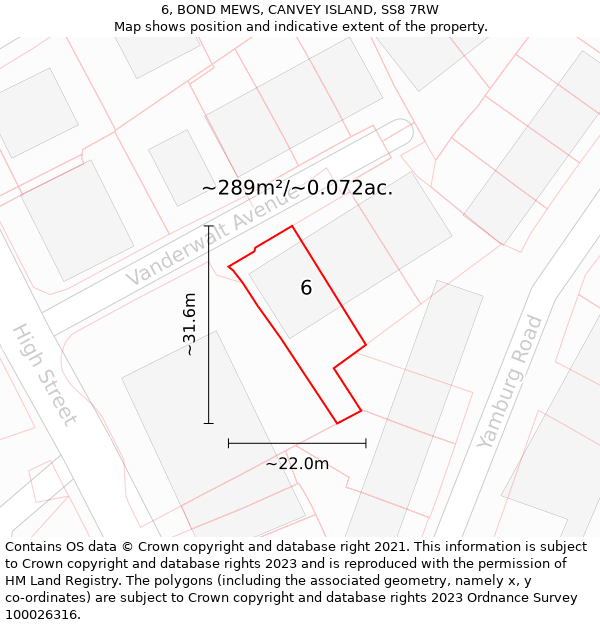 6, BOND MEWS, CANVEY ISLAND, SS8 7RW: Plot and title map