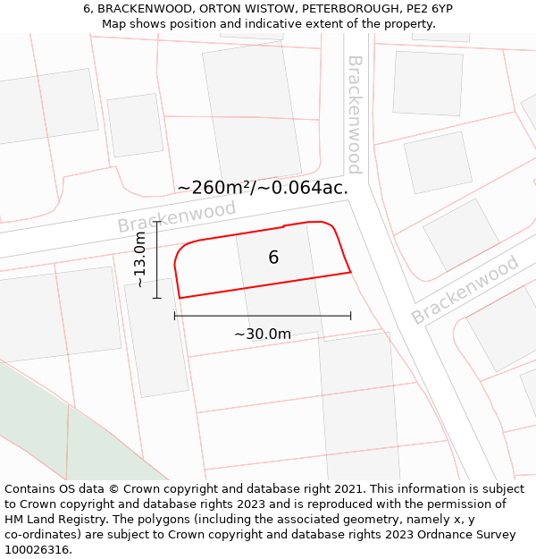 6, BRACKENWOOD, ORTON WISTOW, PETERBOROUGH, PE2 6YP: Plot and title map