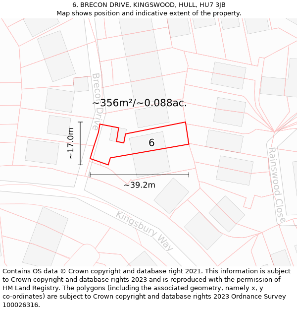 6, BRECON DRIVE, KINGSWOOD, HULL, HU7 3JB: Plot and title map