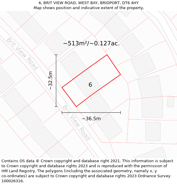 6, BRIT VIEW ROAD, WEST BAY, BRIDPORT, DT6 4HY: Plot and title map