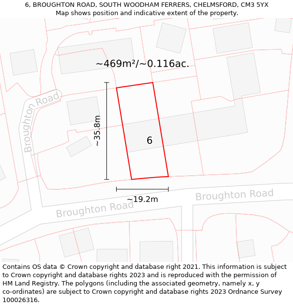 6, BROUGHTON ROAD, SOUTH WOODHAM FERRERS, CHELMSFORD, CM3 5YX: Plot and title map